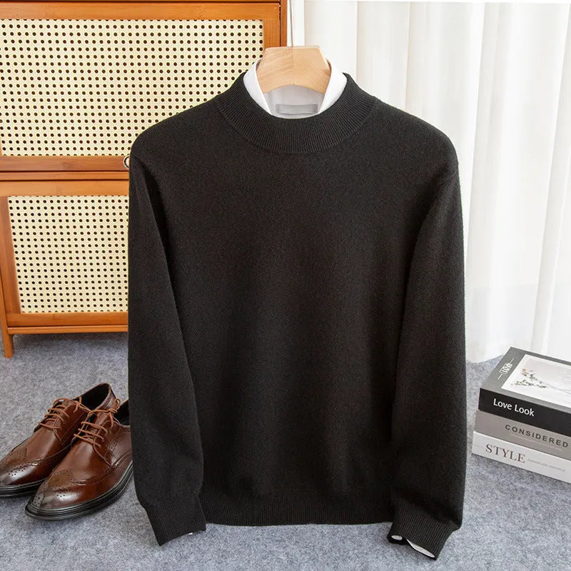Man wearing a loose-fit half-collar wool sweater in a neutral colour, suitable for winter casual wear.