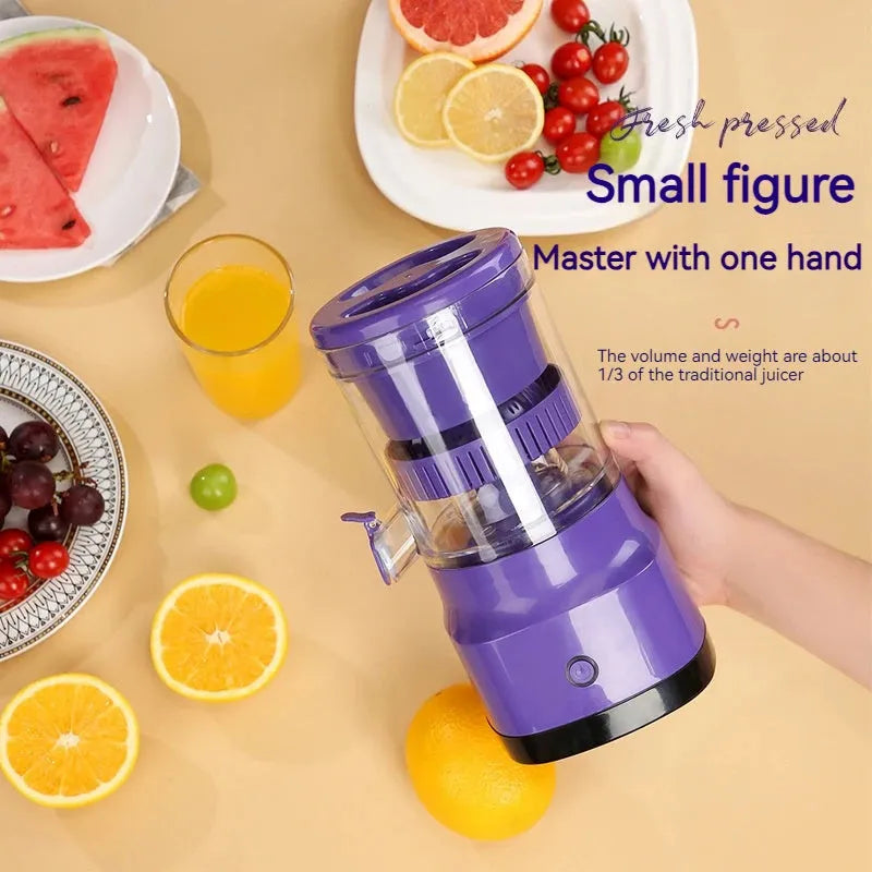 Purple USB rechargeable electric citrus juicer with detachable jug on a kitchen counter.