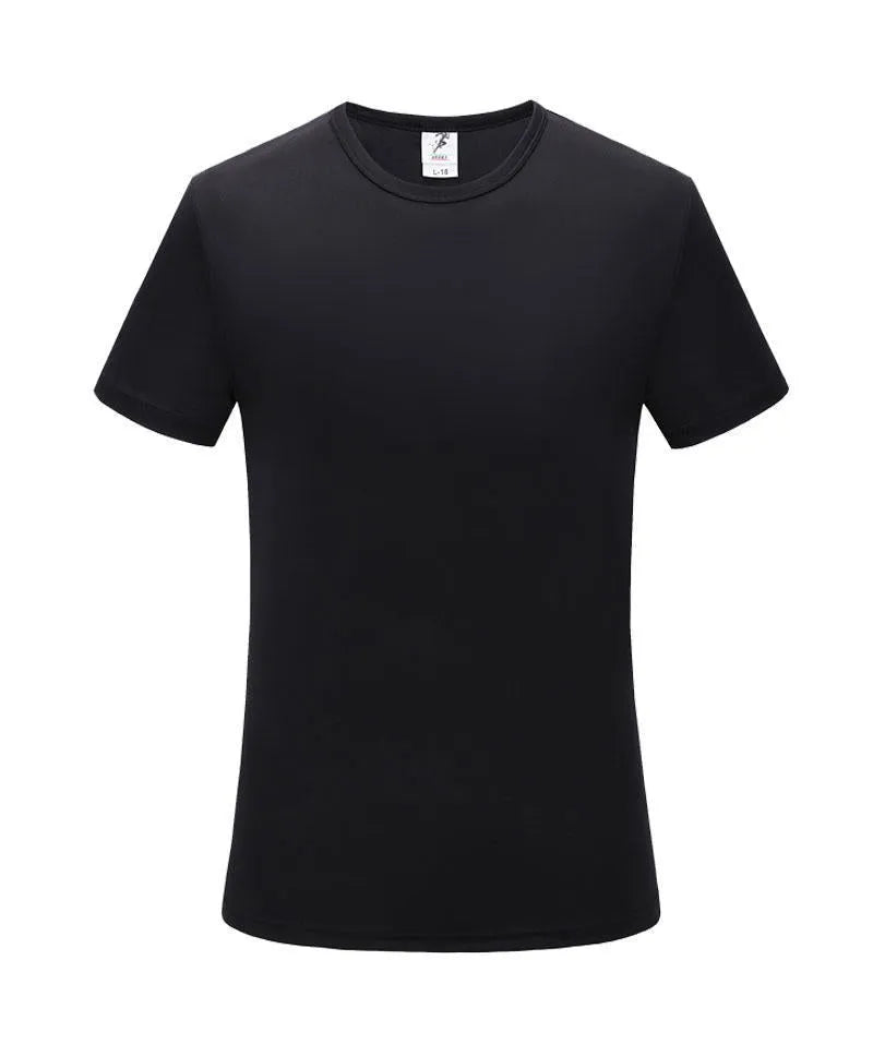 Quick-drying slim fit men's polyester T-shirt in a solid colour on a hanger.