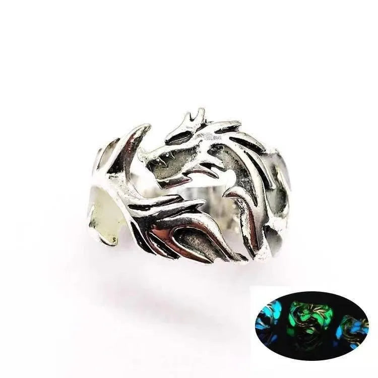 Adjustable metal ring with Chinese dragon pattern in antique silver blue and green electroplated finish