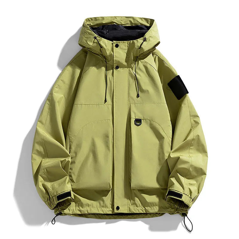 Men's black waterproof windproof hooded jacket coat for outdoor work and leisure.