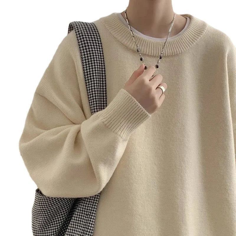 Men's loose fit pullover sweater in light grey polyester, long sleeve, Japanese style, winter daily wear.
