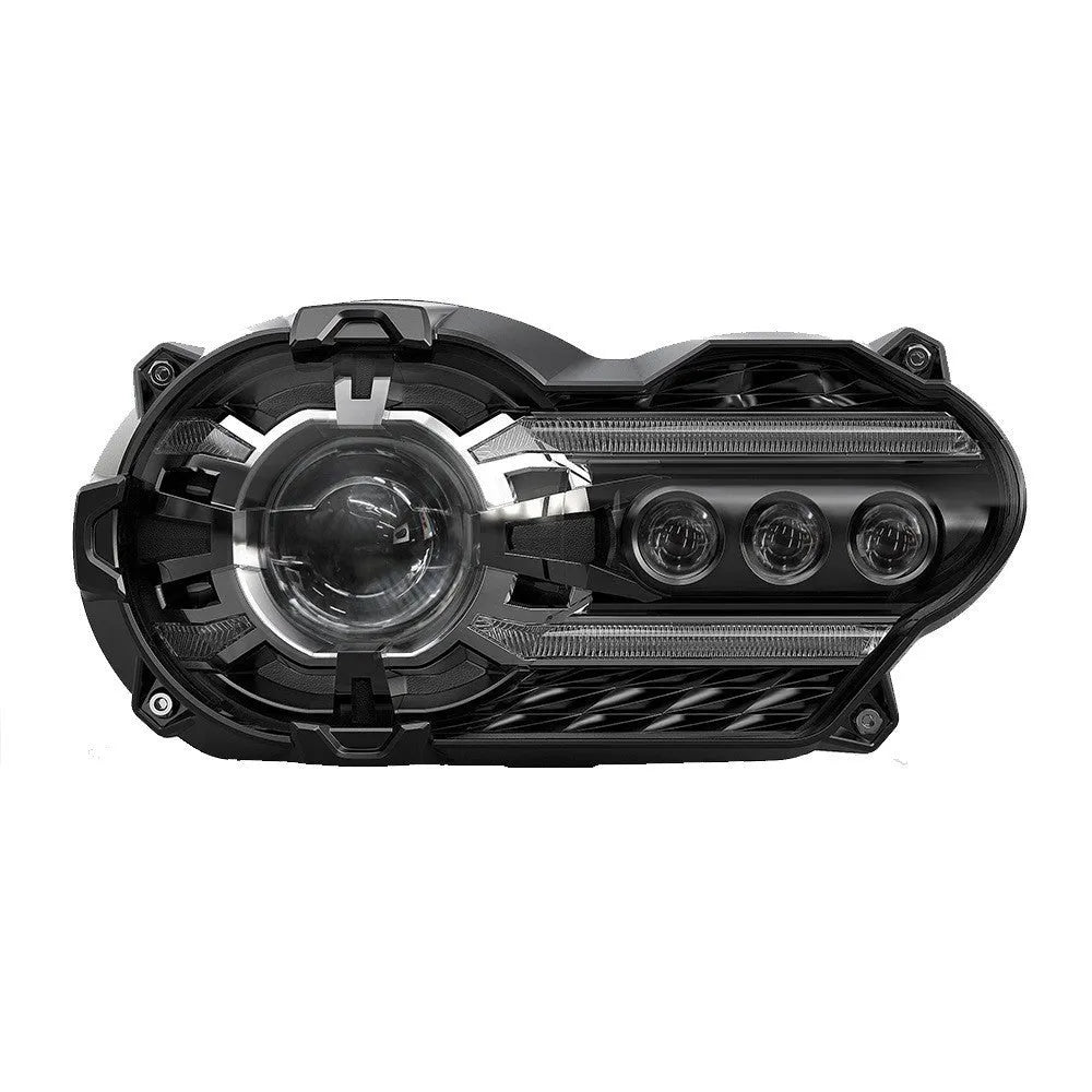 Black motorcycle LED headlight unit showing dimensions of 267mm width by 172mm depth