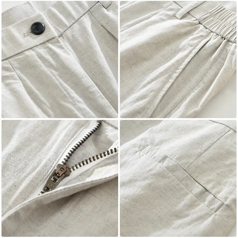 Man wearing loose straight-leg cotton linen trousers in a brown colour, showcasing the retro Japanese style.
