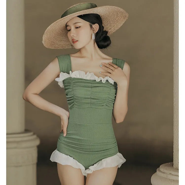 Korean style high-waisted one-piece swimsuit in quick-dry polyester fabric
