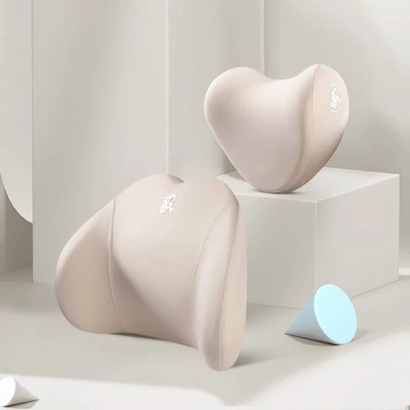 Heart-shaped memory foam car pillow set with headrest and lumbar support pillows in cotton covers