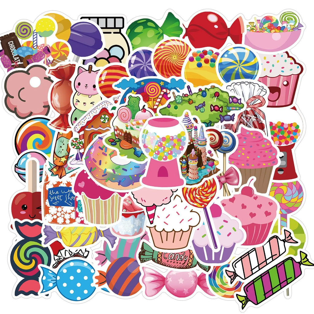Candy series graffiti stickers pack showing colourful cartoon designs on 50 adhesive sheets