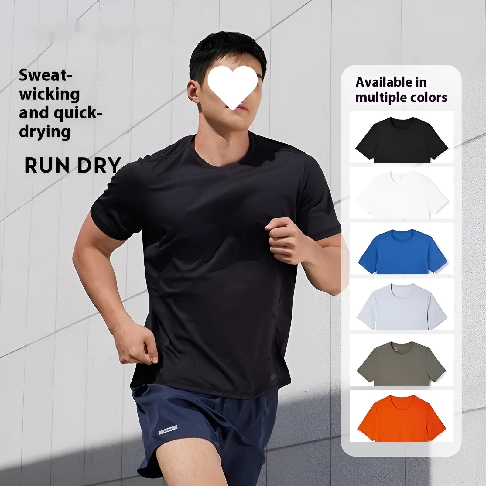 Men's thin polyester running T-shirt in classic black, shown on a size chart.