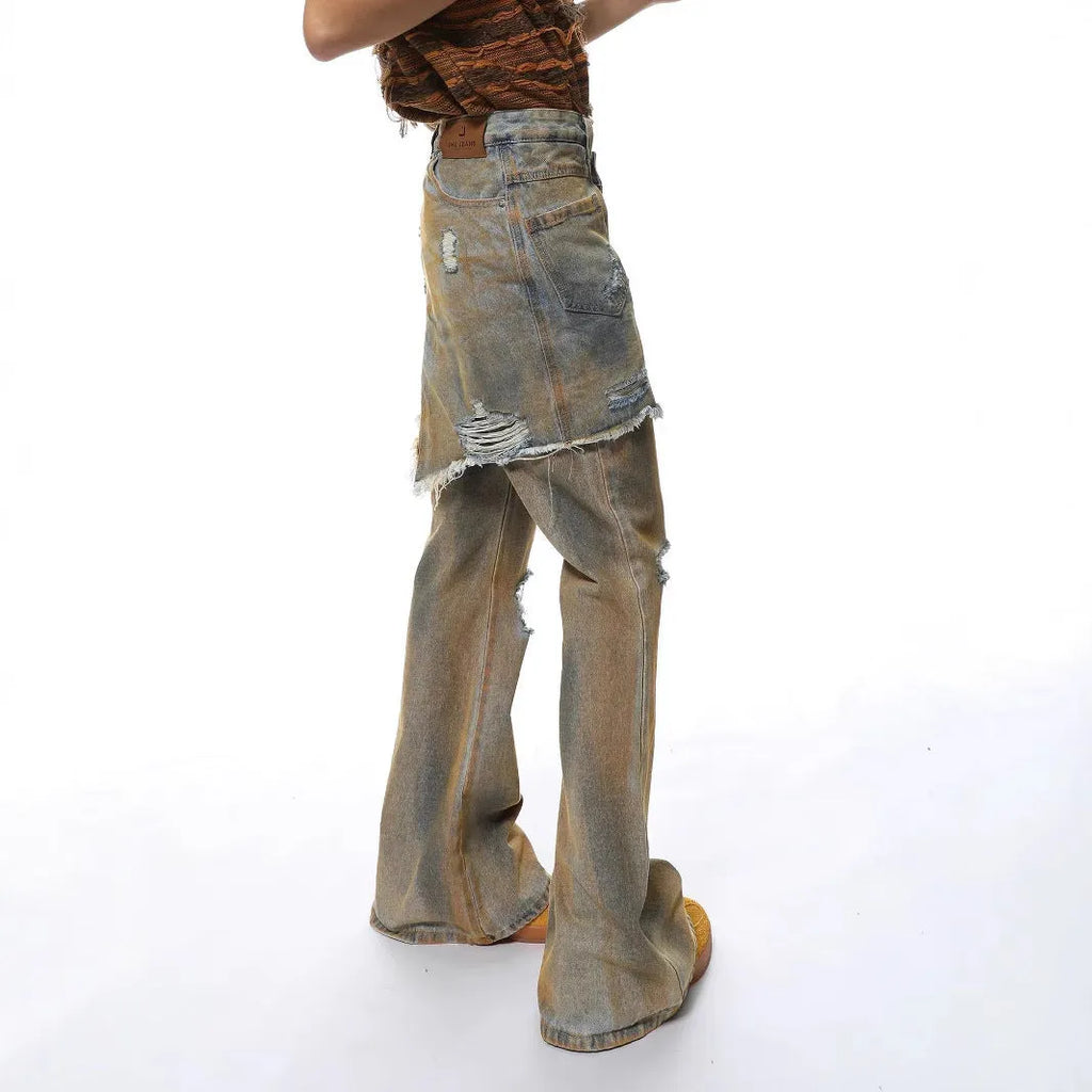 High-waisted bootcut denim trousers with straight leg and cardigan button fly