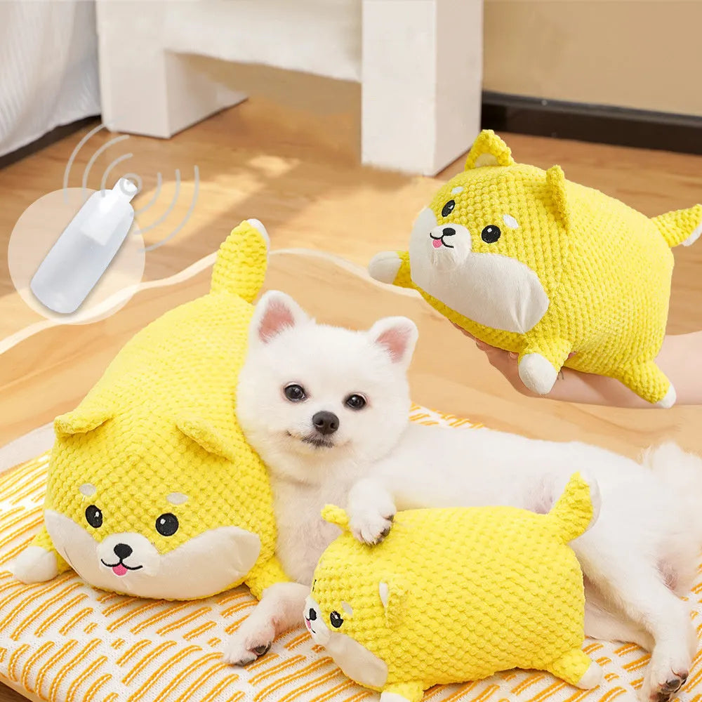 Large and medium sized plush calming dog toy with squeaker and textured chew fabric.