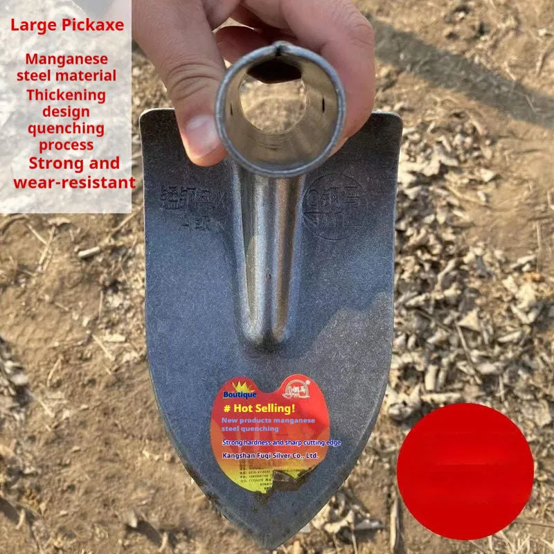 Agricultural pointed hoe with a flat blade, made from manganese and stainless steel.