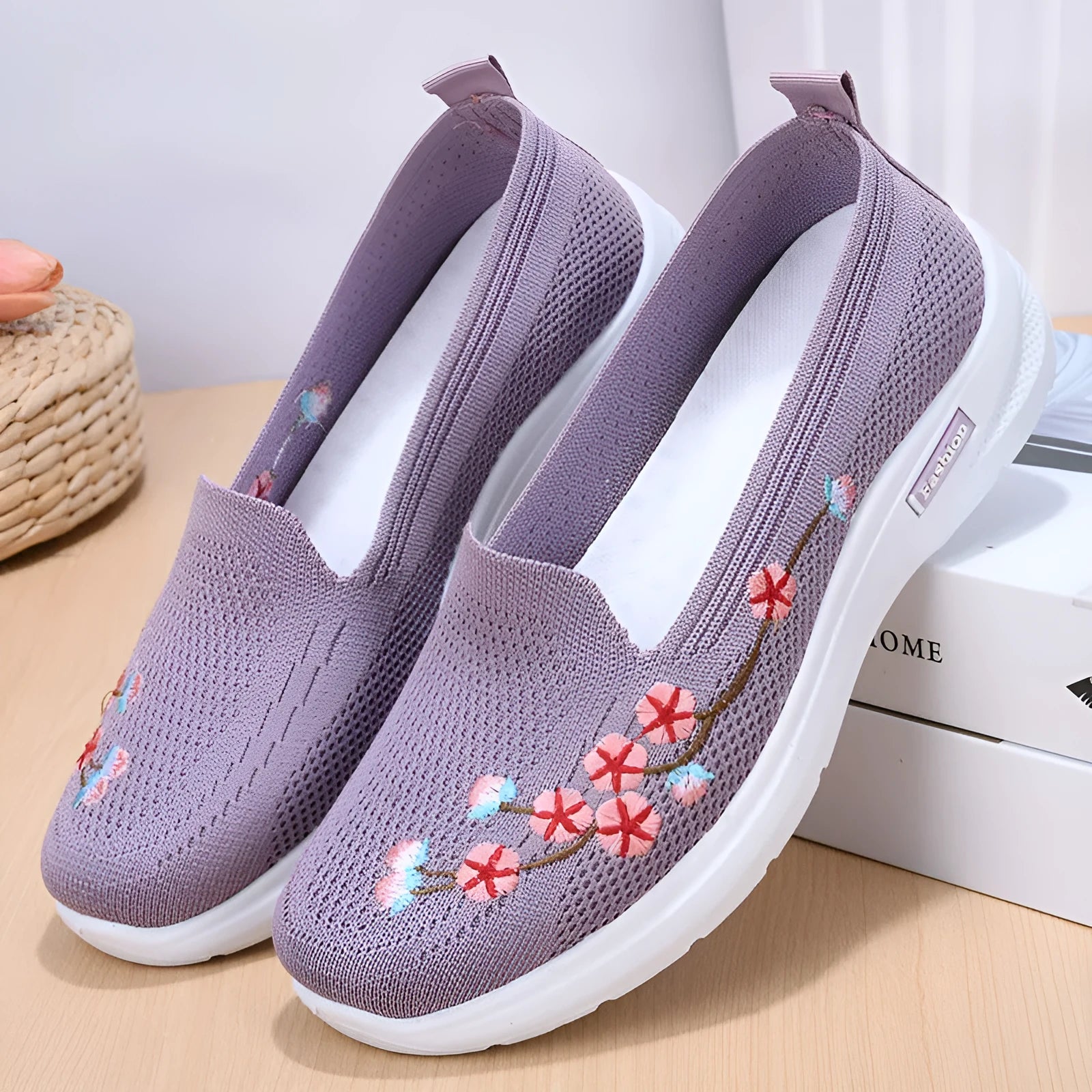 Women's embroidered woven sports pumps in wine red with a low flat heel and round toe.