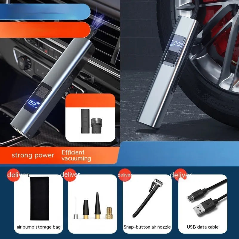 Wireless digital display car air compressor and vacuum cleaner unit with accessories