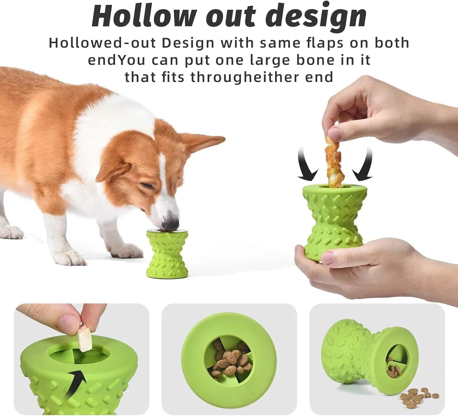 Blue natural rubber hollow bone dog toy with treat leakage holes for aggressive chewers.