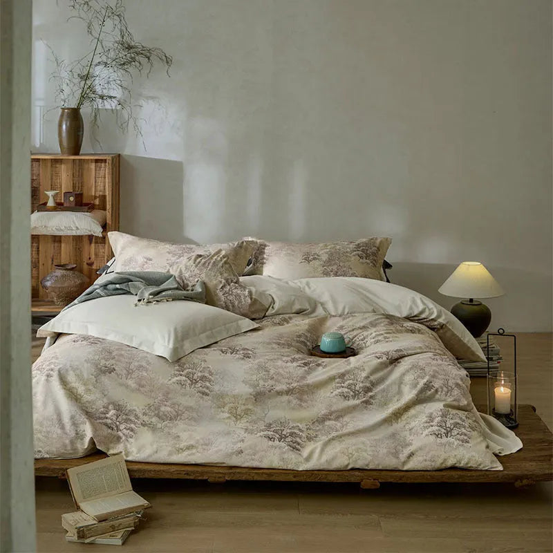 Cotton linen yarn-dyed printed four-piece bed sheet set with plant and flower pattern in beige