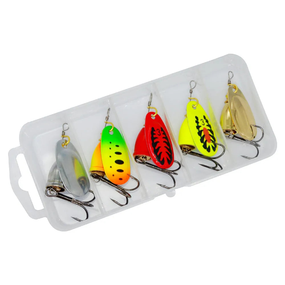 Copper bell fishing lure with rotating sequins in seven colour variations showing gold, red, silver, rose gold, yellow, yellow green, and gold mesh finishes