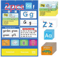 Large alphabet learning chart with word cards, letter cards, and picture cards for home education.