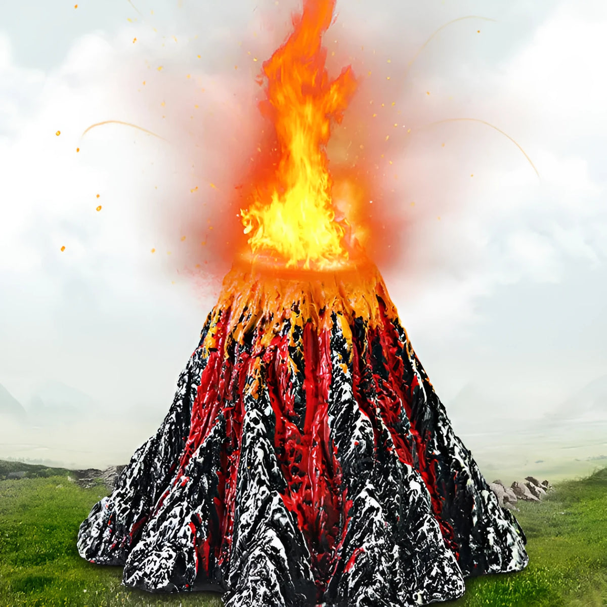 Aquarium volcano ornament with air bubbles and LED light for fish tank decoration in S and L sizes