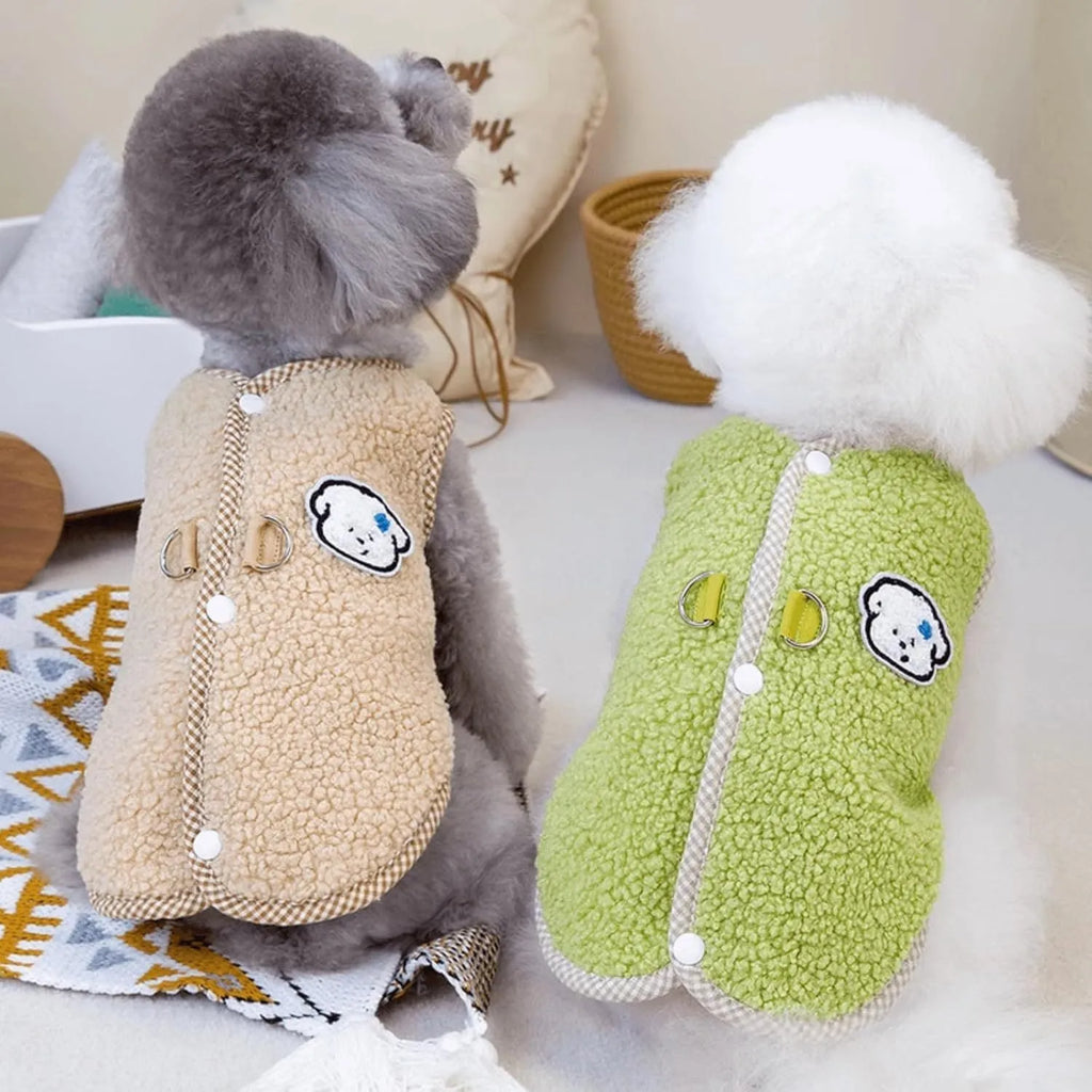 Green coral fleece dog sweatshirt vest on a small dog, showing the collar leash ring.