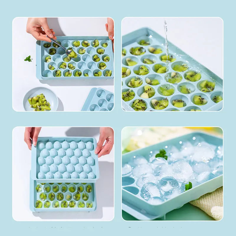 Sky blue and pink 3D round ice cube mould trays showing spherical cavities.
