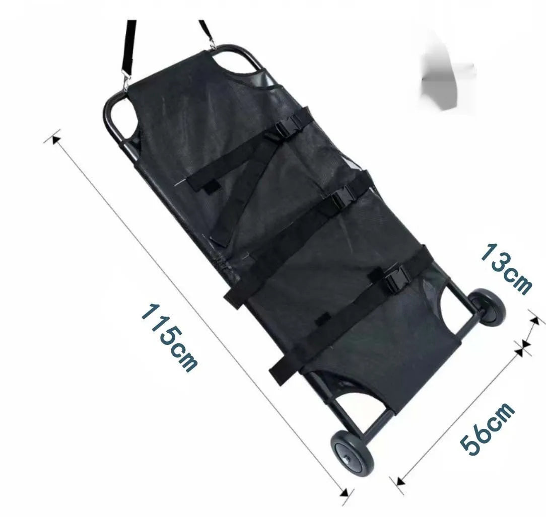 Black foldable aluminium pet stretcher for emergency dog transport with carrying handles