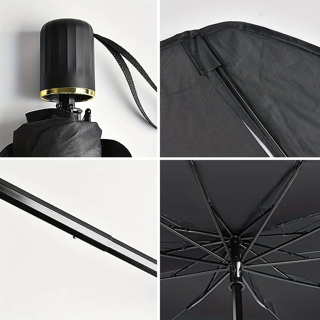 Foldable car windshield sunshade umbrella shown in open position against car windscreen