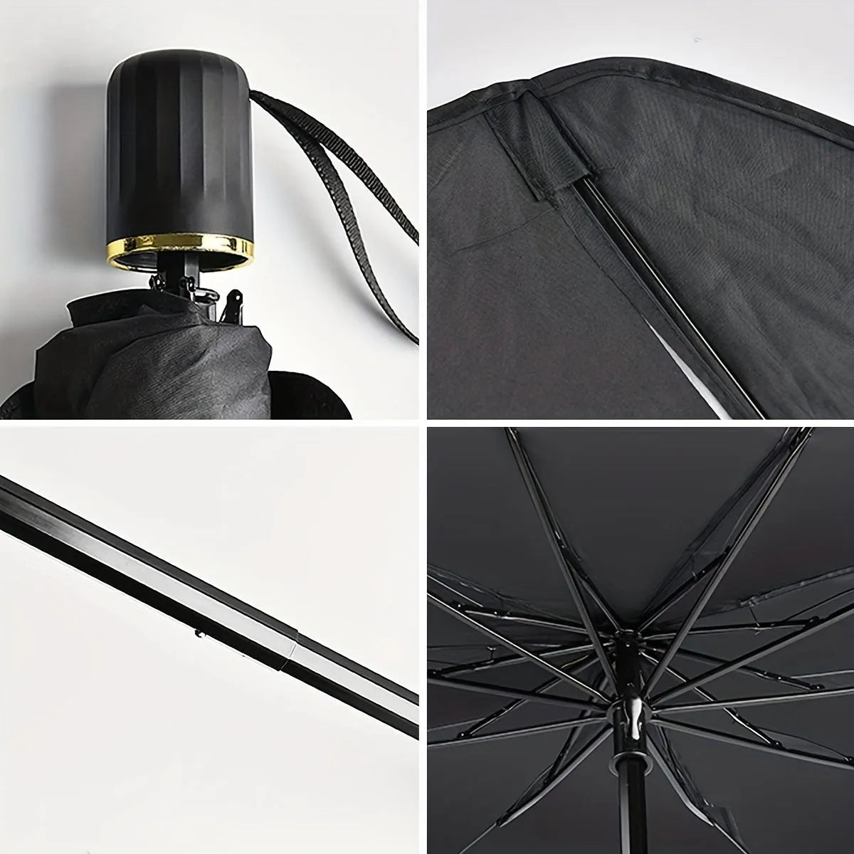 Foldable car windshield sunshade umbrella shown in open position against car windscreen