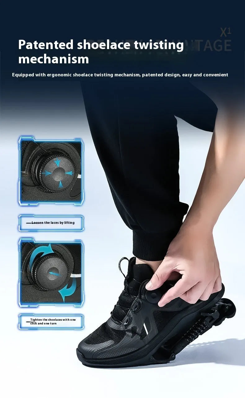 Black mid-top running shoes with buckle fastening and mesh upper design