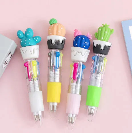 Four-colour press ballpoint pen with cartoon design showing cactus, fast food, and fruit vegetable patterns