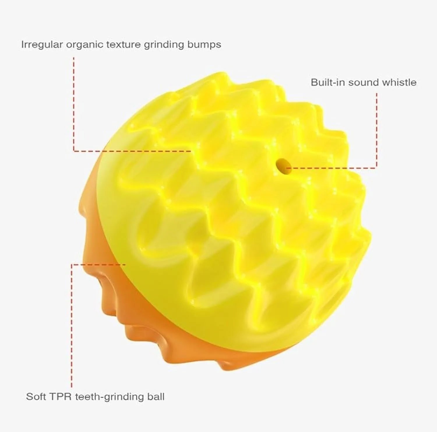 Blue and orange spiky rubber dog ball with squeaker for dental cleaning and water fetch