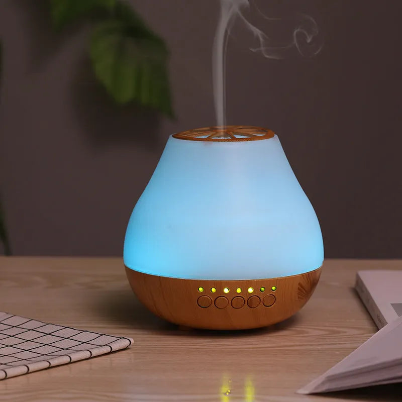 USB essential oil aroma diffuser with colourful LED lights in wood grain finish
