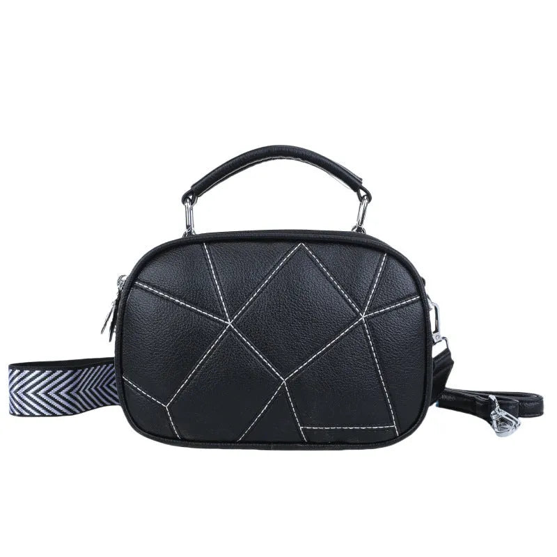 Round grey retro patchwork small bag with visible stitching, 20x15 cm size.