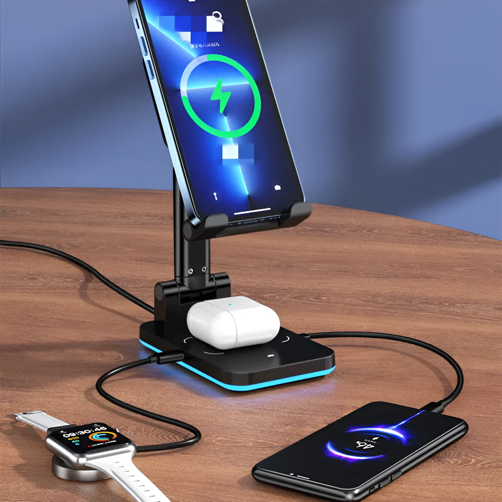 Cool black desktop phone stand with integrated Qi wireless charging pad on a wooden desk.