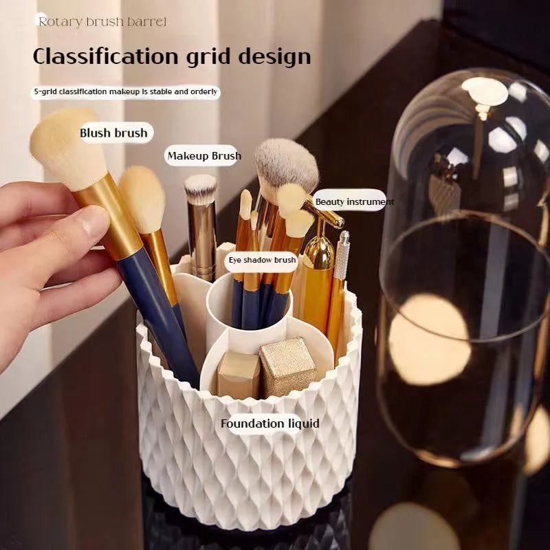 White rotating makeup brush storage holder with transparent lid on desktop