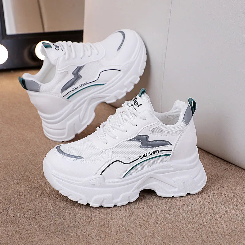 Women's white breathable height increase trainers with lace-up front and cross shoulder straps