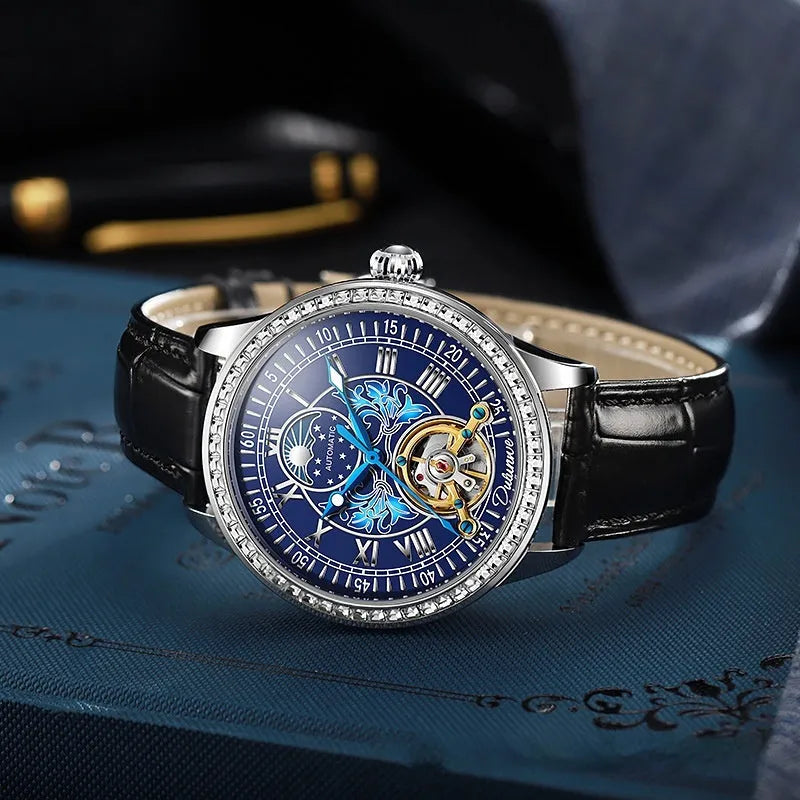 Men's round dial mechanical watch with stainless steel strap and transparent case back.