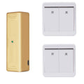 A white wireless remote control light switch with a touch panel and a matching remote on a wall.