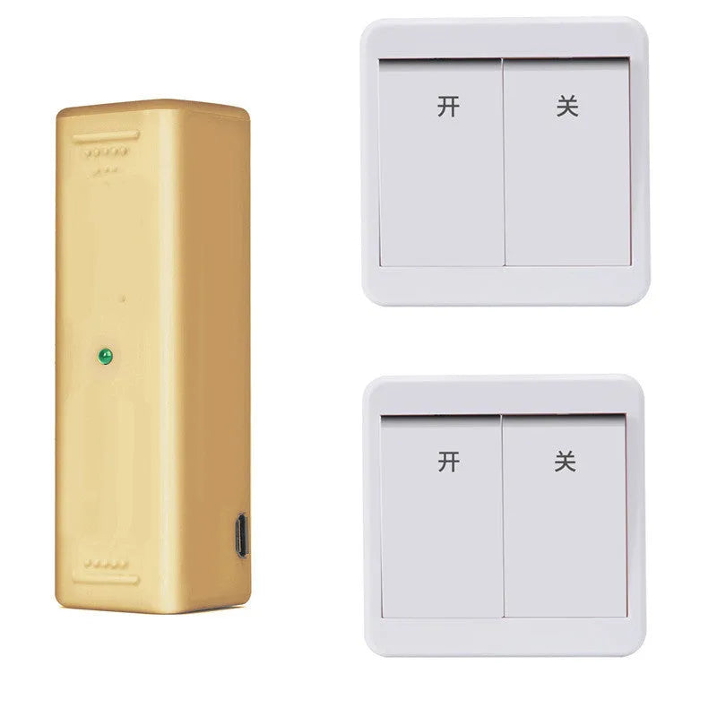 A white wireless remote control light switch with a touch panel and a matching remote on a wall.