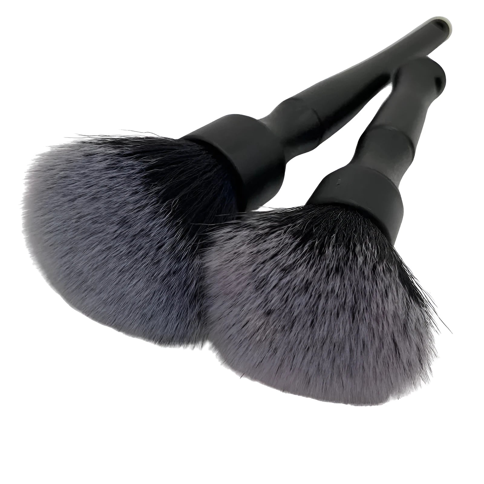 Black car detailing brush with ultra-soft pig hair bristles and a plastic handle.