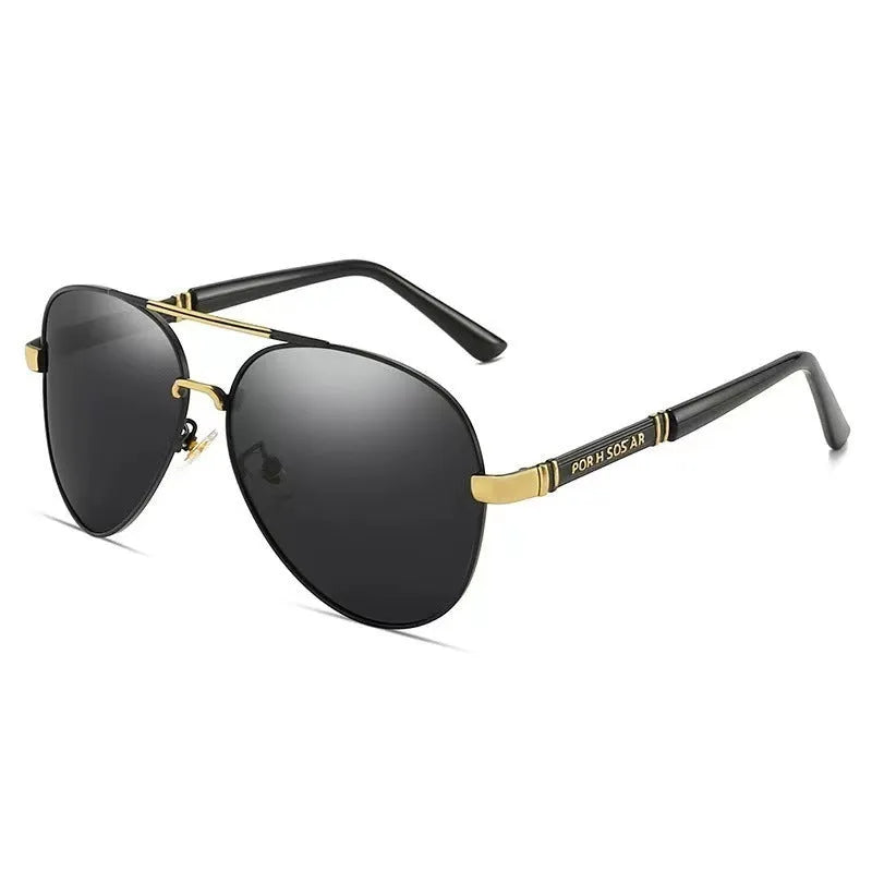 Men's polarised sunglasses with a metal frame, available in gold, black, and silver colour options.