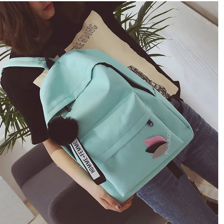 Casual canvas college-style schoolbag in leaf pattern design with anti-theft features