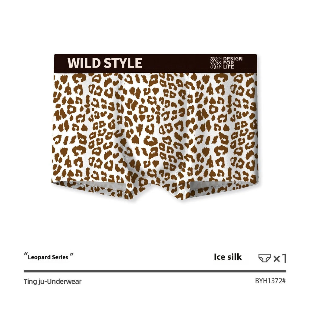 Men's leopard print polyester ice silk underwear pants in mid-waist design