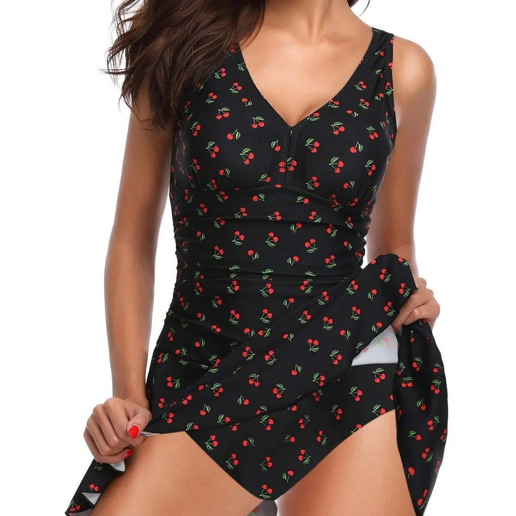 Plus size high waist slimming one-piece swimsuit for women, floral pattern, black colour, XL size