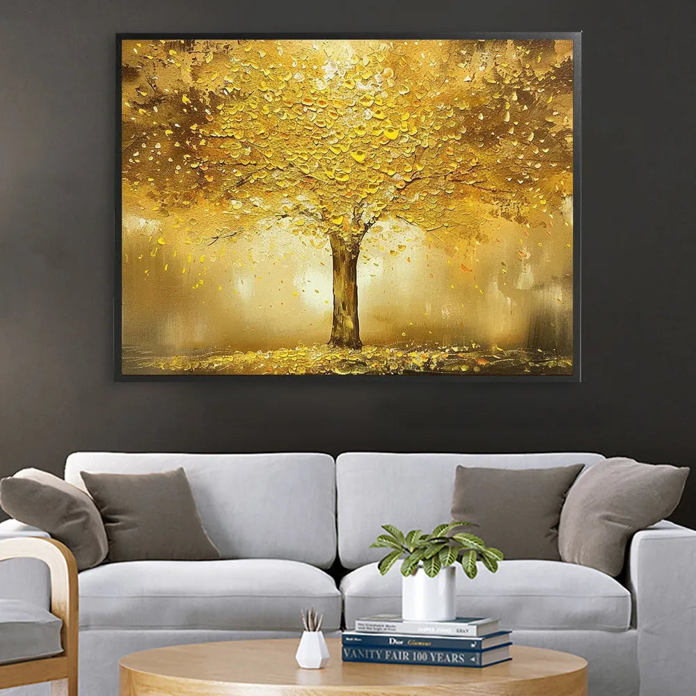 Handmade oil painting of a gold fortune tree on canvas, horizontal orientation, no frame, for living room decor