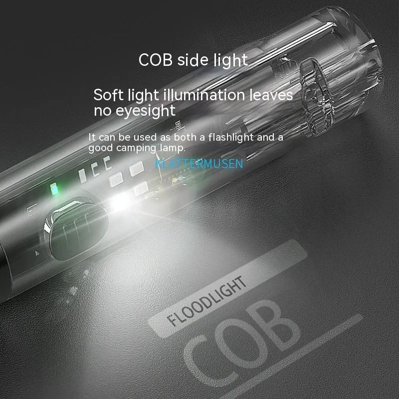 Black portable outdoor flashlight with USB charging port and compact plastic housing