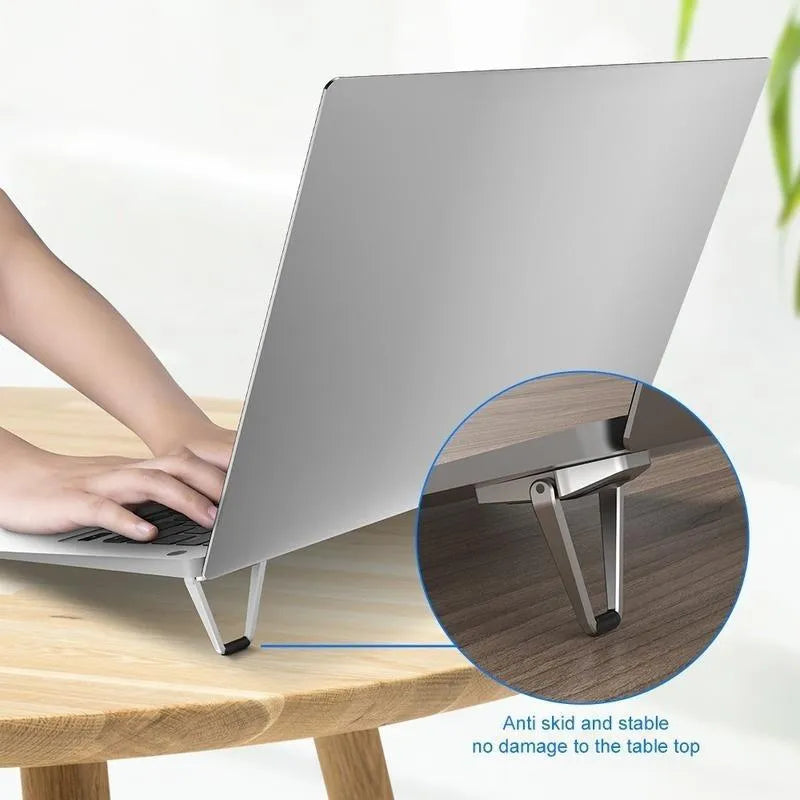 Silver aluminium alloy folding computer bracket showing compact 4.8cm × 3.5cm dimensions