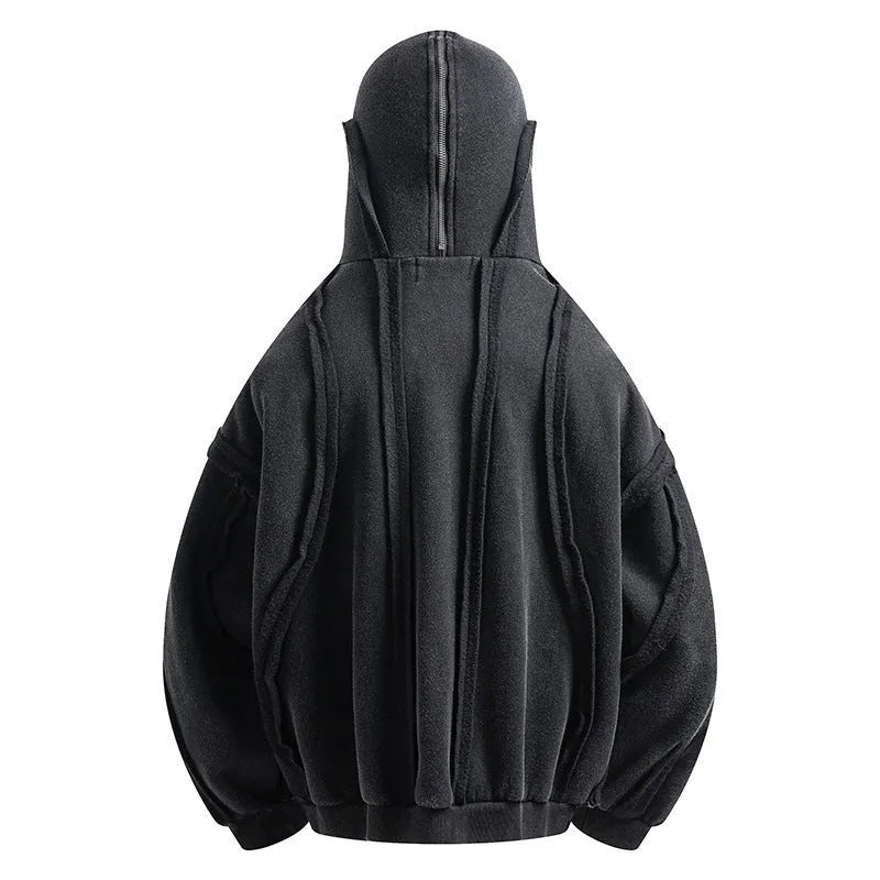 Black men's zip-up hooded cardigan with abstract pattern and padded filling