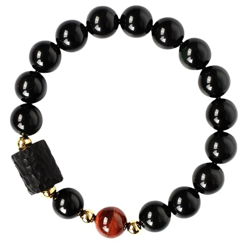Obsidian bracelet with 10mm tiger eye beads in retro circle style for unisex couple jewellery