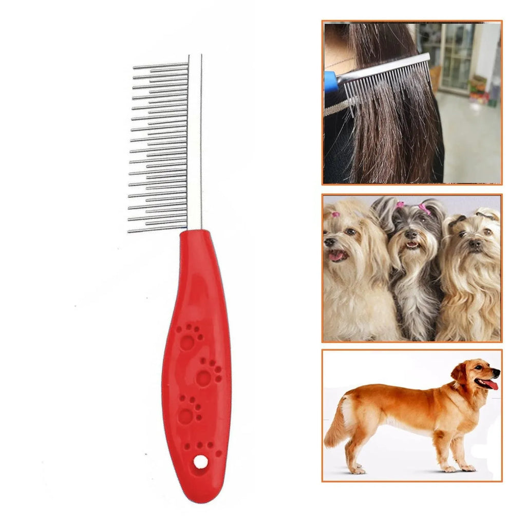 Red plastic handle pet grooming comb with stainless steel short and long teeth for detangling