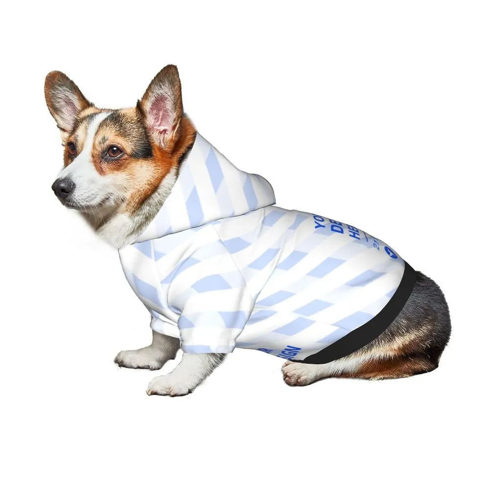 Black small pet hooded sweater in polyester with full-width single-sided print and elasticated cuffs